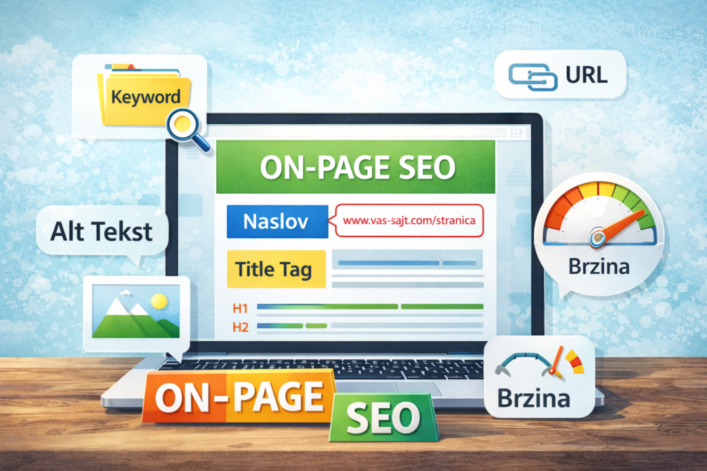 On-Page SEO elementi prikazani na laptopu, uključujući ključne SEO komponente kao što su URL, Title Tag, i Brzina.