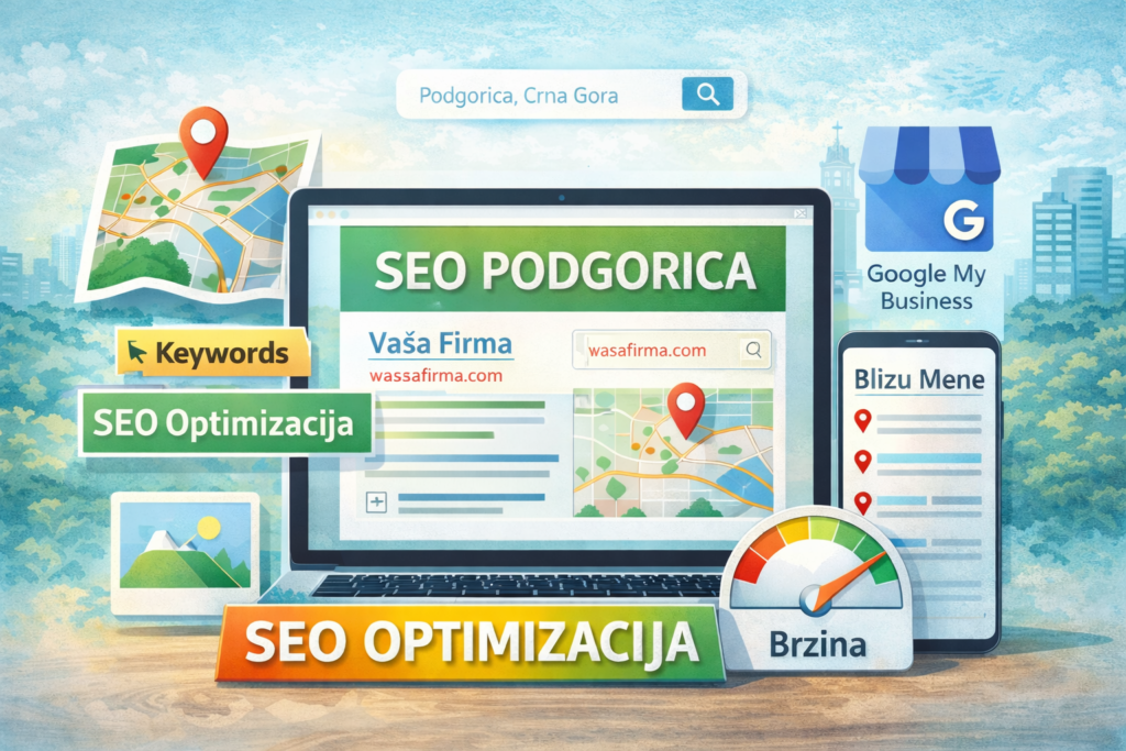 SEO optimizacija za Podgoricu sa ključnim SEO elementima: laptop sa "SEO PODGORICA", Google My Business ikona, mapa sa lokacijom i pretrage za lokalne usluge.