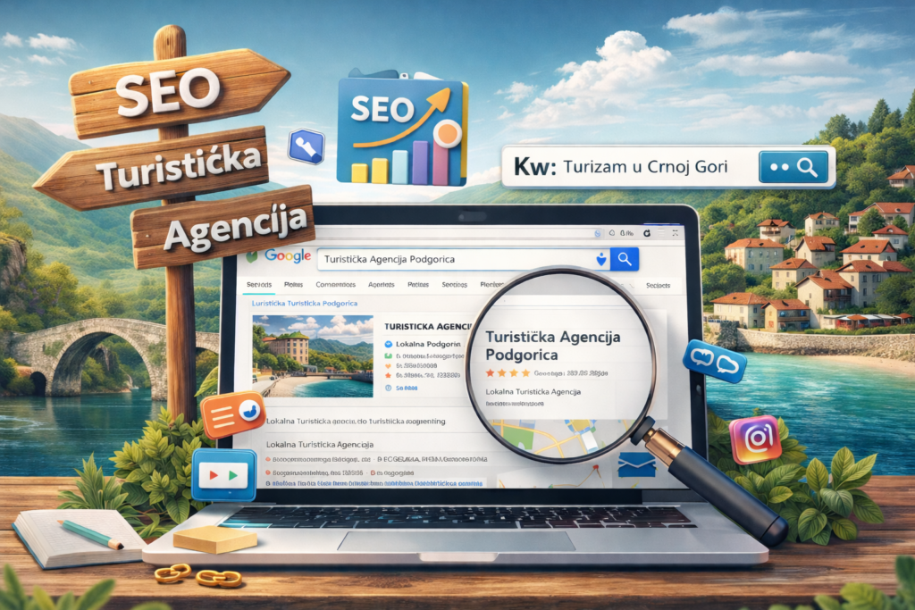 SEO optimizacija za turističke agencije u Crnoj Gori, prikazuje Google pretragu i SEO elemente.