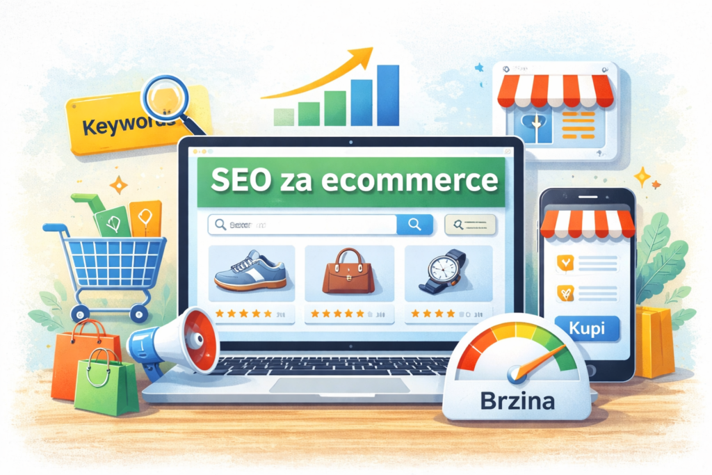 SEO za eCommerce sa laptopom, proizvodima, i ključnim SEO elementima kao što su brzina sajta, ključne reči, i pretraga na online prodavnici.