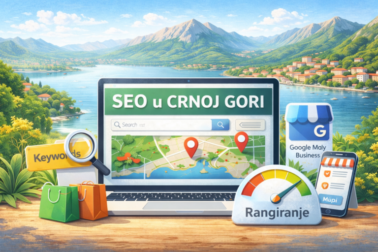 SEO u Crnoj Gori sa laptopom, mapom i simbolima za SEO, uključujući Google My Business, kljucne reči i rangiranje.